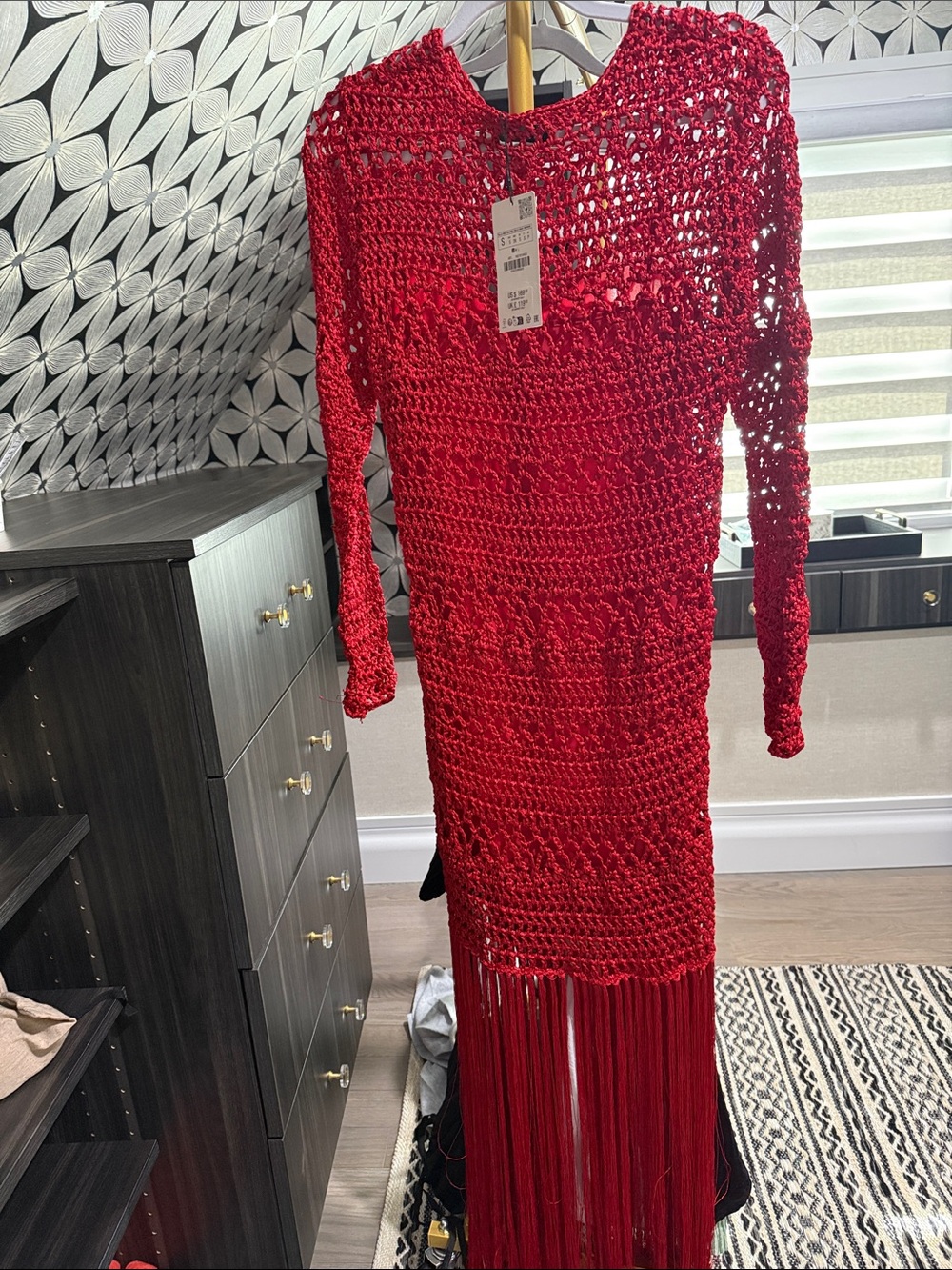 Zara Red Crochet Fringe Maxi Dress with Long Sleeves
